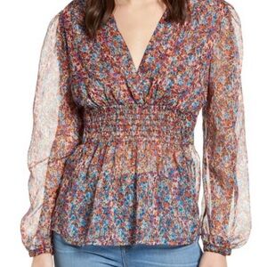 Chelsea28 Smocked Peplum Wrap Floral Blouse, size Large